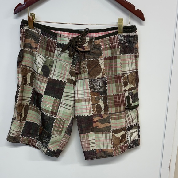 Billabong Pants - Billabong Patchwork Plaid Cargo Shorts - Brown, Green, Tan